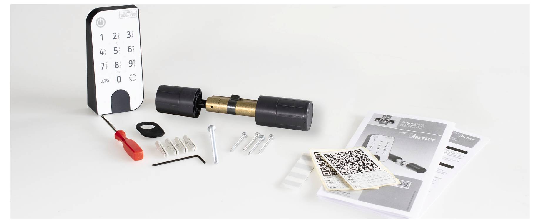 Elektronisches Türschloss-Set auf weißem Hintergrund. Enthält Tastatur, Schließzylinder, Schrauben, QR-Codes und Anleitung.