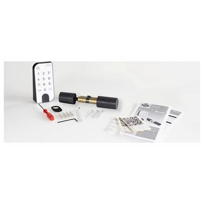 Elektronisches Türschloss-Set auf weißem Hintergrund. Enthält Tastatur, Schließzylinder, Schrauben, QR-Codes und Anleitung.