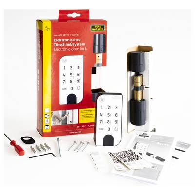 Elektronisches Türschließsystem mit Verpackung, Anleitung, QR-Code, Schrauben, Schraubendreher, Zylinder und Bedienfeld mit Tasten.