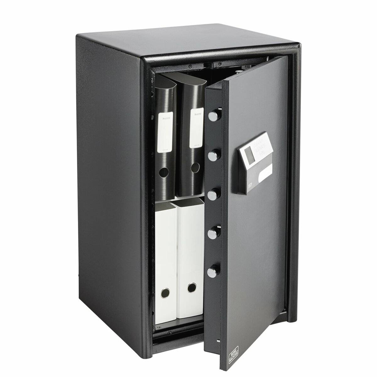 Ein geöffneter Tresor zeigt mehrere geordnete Ordner. Der Tresor ist schwarz und hat ein digitales Zahlenschloss an der Tür.