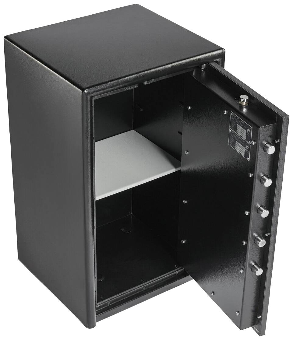 Ein geöffneter schwarzer Tresor zeigt ein leeres Innenfach mit einer abnehmbaren Ablage und einer robusten Tür mit Schließmechanismus.