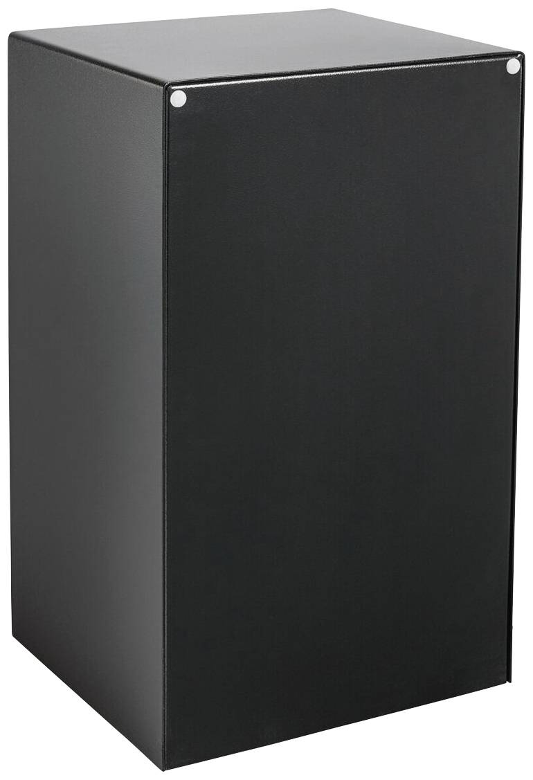 Schwarzer, rechteckiger Würfel aufrecht stehend mit glänzender Oberfläche. Geeignet als Möbel- oder Ausstellungsstück in Innenräumen.