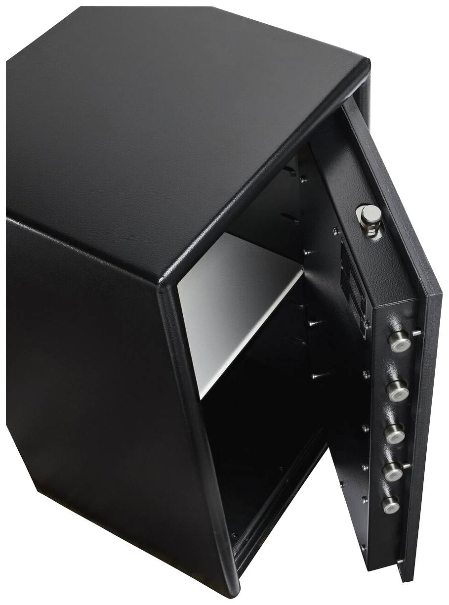 Schwarzer geöffneter Tresor mit Metallverriegelung, leere Ablage innen sichtbar.