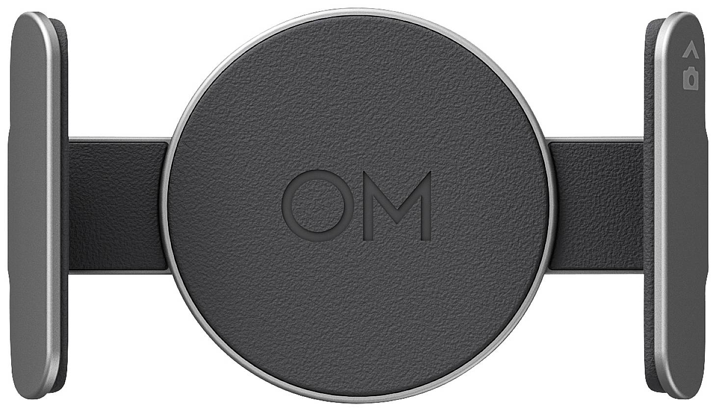Ein schwarzer, runder Handyhalter mit dem Buchstaben 'OM' in der Mitte. Links und rechts befinden sich zwei horizontale Klemmen.