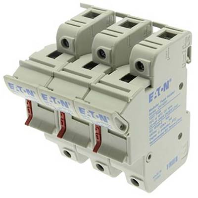 Ein dreipoliger Schutzschalter der Marke Eaton in grauer Farbe mit roten Schaltern, verwendet zur elektrischen Absicherung.
