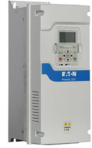 Ein silberner elektrischer Frequenzumrichter mit einem digitalen Display und mehreren Tasten. Marke: Eaton, Modell: PowerXL DG1.