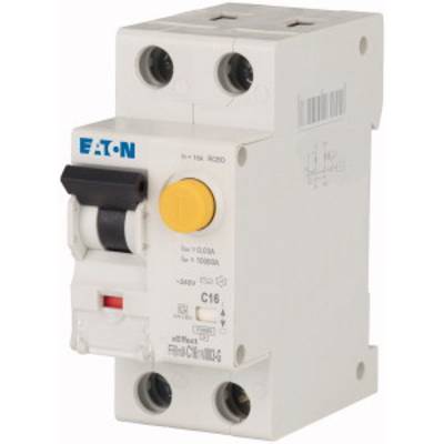 Leistungsschutzschalter von EATON, Typ C16, 16A, mit gelbem Testknopf und schwarzem Kippschalter, für elektrische Schutzfunktionen.