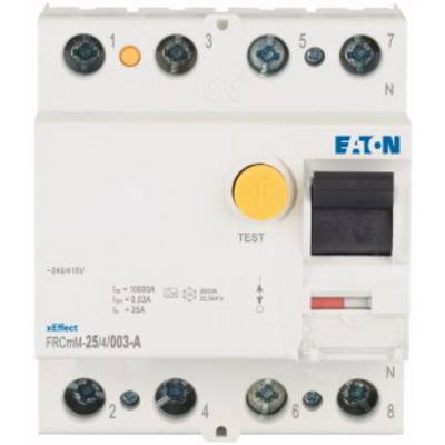 Ein Fehlerstromschutzschalter (FI-Schalter) von Eaton mit Testknopf, Modell FRCmM-254/003-A, geeignet für 240/415V.