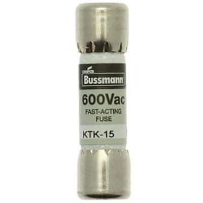 Eine Bussmann-Sicherung mit der Aufschrift '600Vac FAST-ACTING FUSE KTK-15', zylindrische Form, Metallenden und Keramikgehäuse.