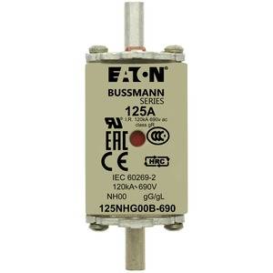 Sicherung aus der Bussmann-Serie von Eaton, 125A, 690V, mit verschiedenen Zertifizierungen und Kennzeichnungen auf dem Gehäuse.