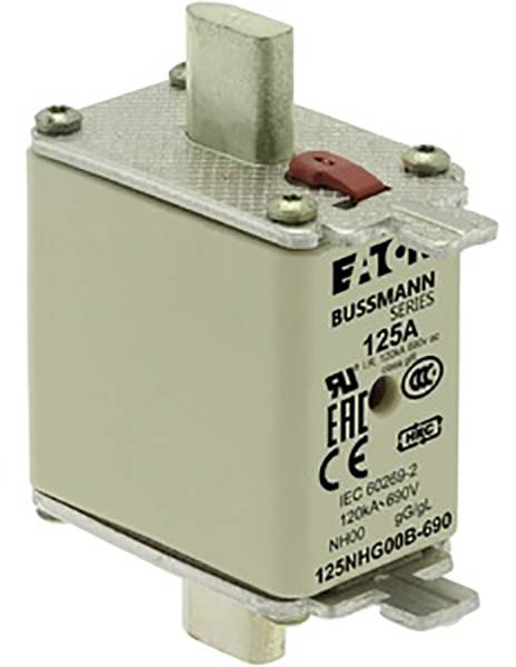 'Sicherung der Marke Eaton Bussmann Series, Modell 125NHG008-690, 125 A, IEC 60269-2, für Spannungen 120 kA-690 V.'