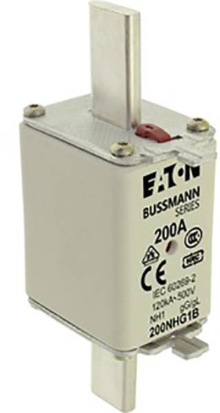 Ein NH-Sicherungseinsatz von 'Eaton Bussmann Series' mit einer Nennstromstärke von 200A, geeignet für 500V, gemäß IEC 60269-2.
