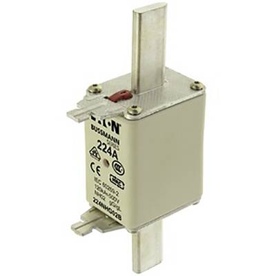 Eine rechteckige elektrische Sicherung mit der Aufschrift 'Eaton Bussmann 224A'. Oben befinden sich zwei Klemmen und unten zwei Anschlüsse.
