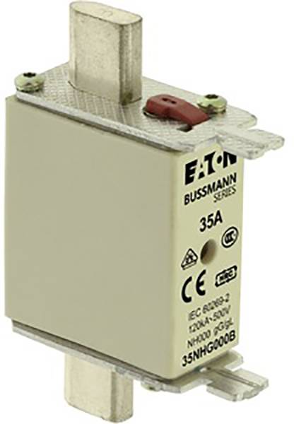 Ein 35A Bussmann NH-Sicherungseinsatz von Eaton, geeignet für elektrische Schutzanwendungen, mit IEC- und CE-Kennzeichnung.