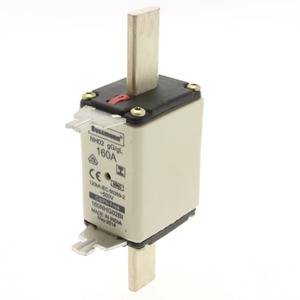 Ein rechteckiger Sicherungseinsatz mit der Aufschrift '160A' für elektrische Installationen. Oben und unten sind Metallkontakte.