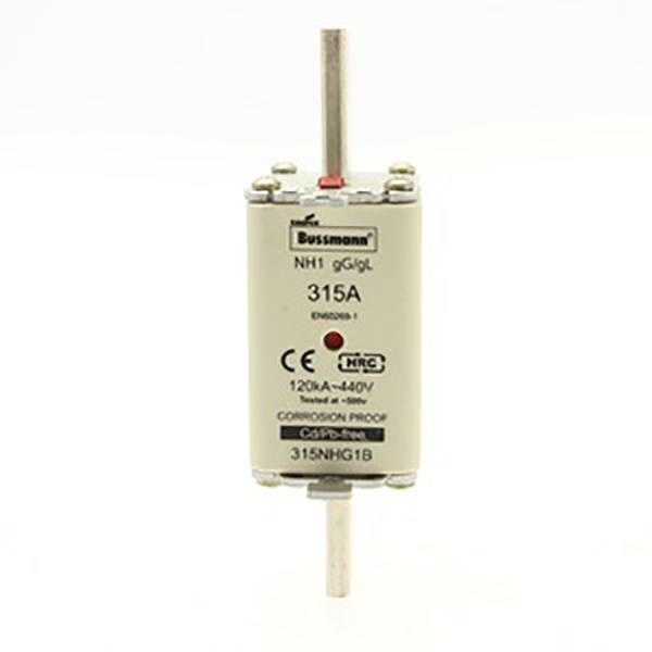 Eine elektronische Sicherung mit Aufschrift 'Bussmann 315A 120kA - 440V', geeignet für industrielle Anwendungen.