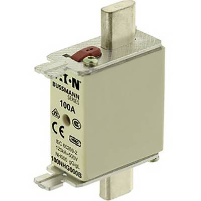 Ein zylindrischer Sicherungsblock der Bussmann-Serie mit Kennzeichnung '100A' und CE-Kennzeichen. Geignet für Schutzanwendungen.