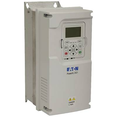 Ein grauer Frequenzumrichter der Marke Eaton, Modell PowerXL DG1, mit einem digitalen Display und Bedientasten auf der Vorderseite.