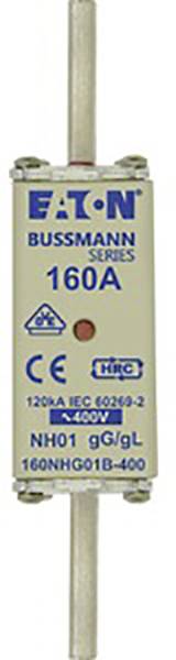 Sicherung der Marke Eaton Bussmann Series mit der Aufschrift '160A'. Zeigt CE- und EAC-Zertifizierungen und technische Details.