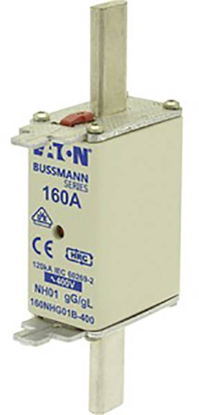 Sicherungseinsatz der Marke 'Eaton Bussmann Series' mit einer Nennstromstärke von 160 A.