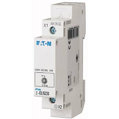 Ein weißer elektrischer Schalter von Eaton mit blauer Schrift auf Vorderseite, seitlich montiert, zeigt Beschriftungen '230V AC/DC 2W'.