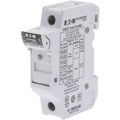 Sicherungshalter der Marke Eaton, Modell CHCC. Weißes Gehäuse mit technischen Spezifikationen und Sicherheitsinformationen.