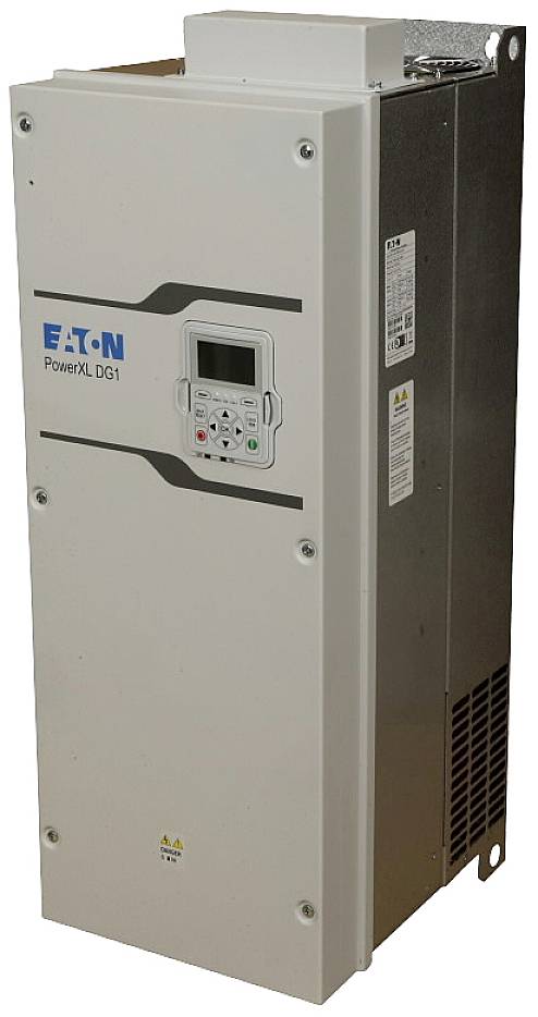 Ein weißer elektrischer Frequenzumrichter der Marke Eaton mit der Aufschrift 'PowerXL DG1', ausgestattet mit einem kleinen Display und Bedienelementen auf der Vorderseite.