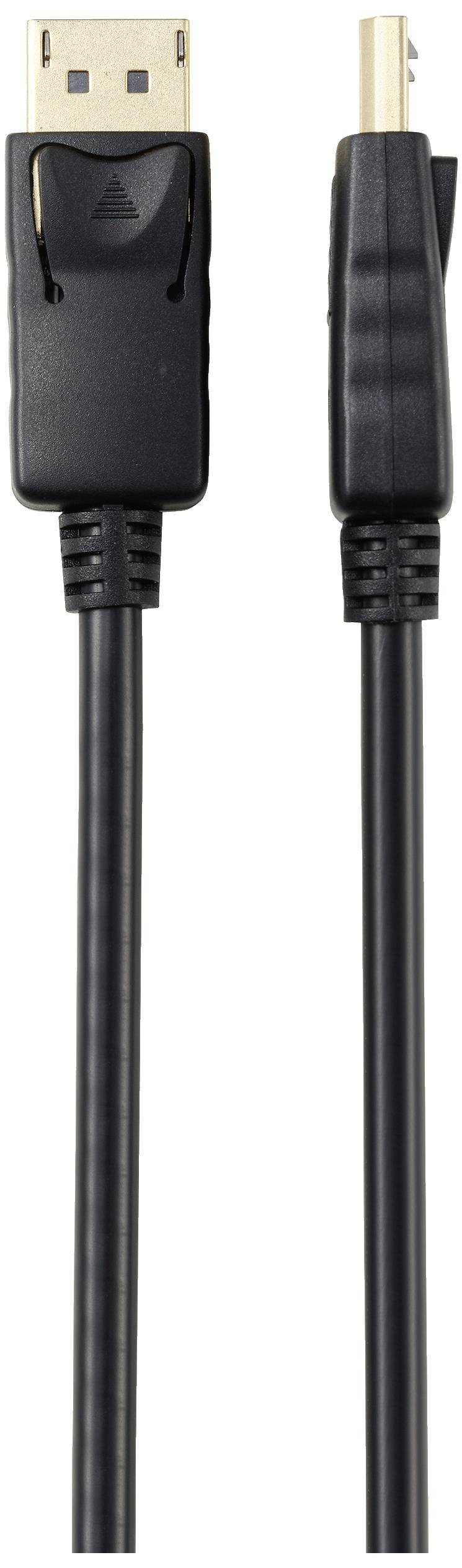 Schwarzes DisplayPort-Kabel mit Steckeransicht von zwei Seiten.