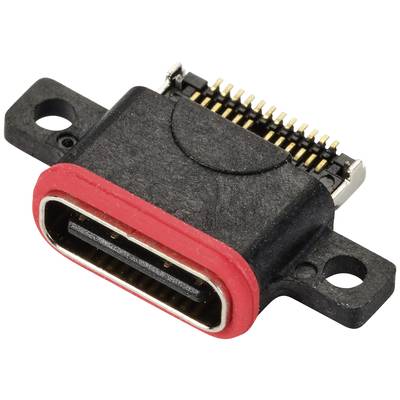 Ein schwarzer und roter USB-C-Stecker mit zwei Befestigungslöchern, Anschlussstiften sichtbar.