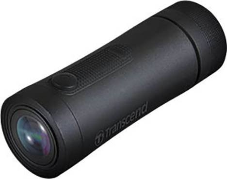 Eine schwarze zylindrische Kamera von der Marke Transcend mit Objektiv auf der Vorderseite und einem Knopf oben. Geeignet für Outdoor-Aufnahmen.
