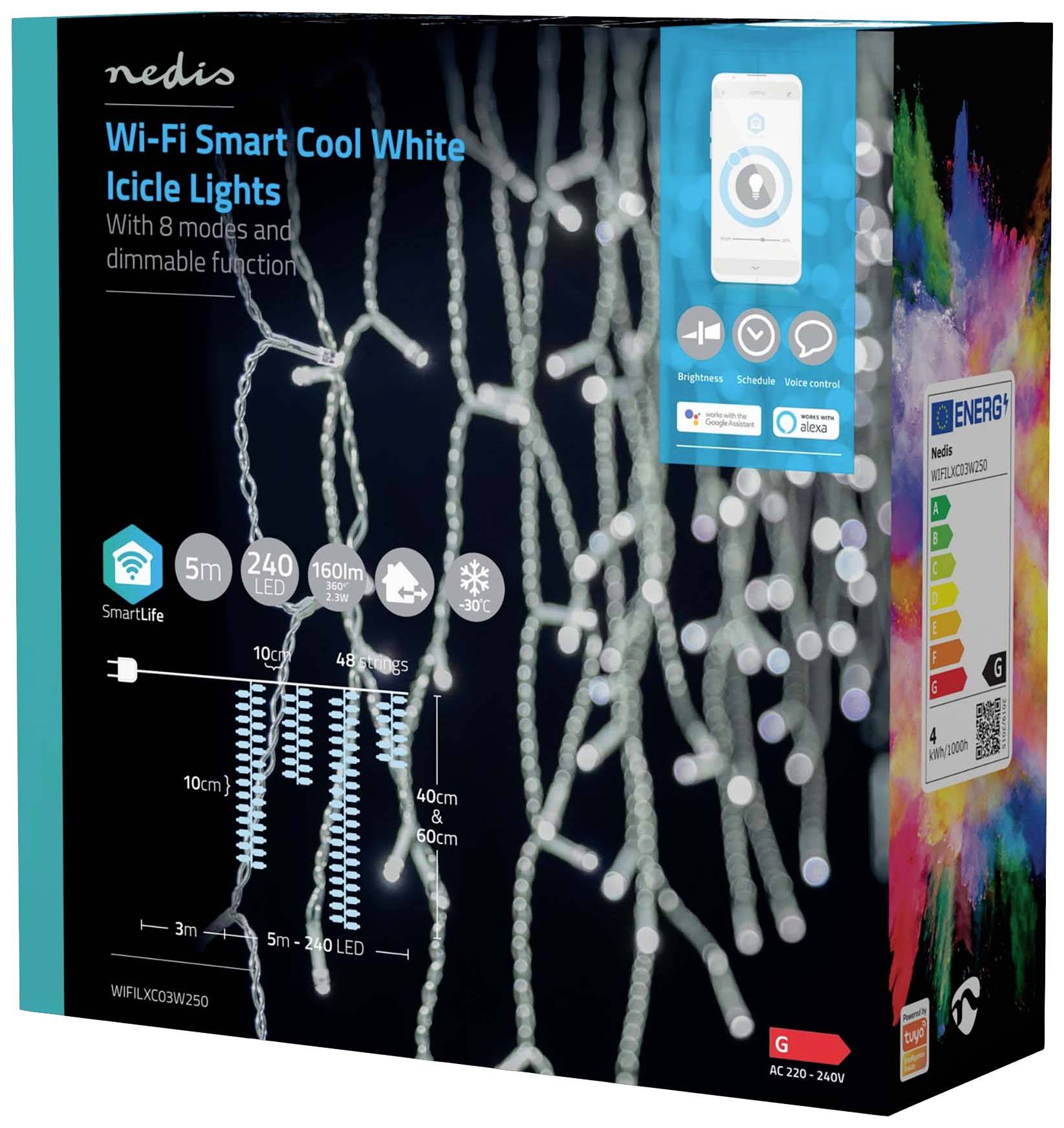 Verpackung zeigt 'Nedis Wi-Fi Smart Cool White Icicle Lights' mit 8 Modi, dimmbar. Geeignet für 5m Fläche, 240 LEDs, App-Steuerung.