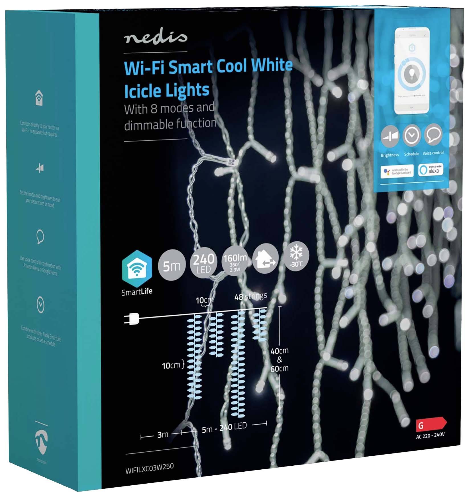 Nedis Wi-Fi Smart Cool White Eiszapfenlichter mit 8 Modi und Dimmfunktion, enthält SmartLife-Integration und technischen Daten zur Größe und LED-Anzahl.
