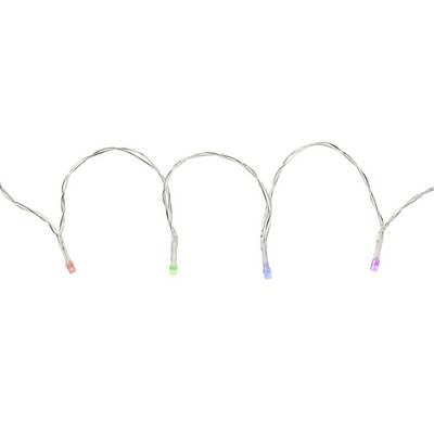 Bunte Lichterkette in Wellenform mit kleinen LED-Leuchten in verschiedenen Farben, auf weißem Hintergrund.
