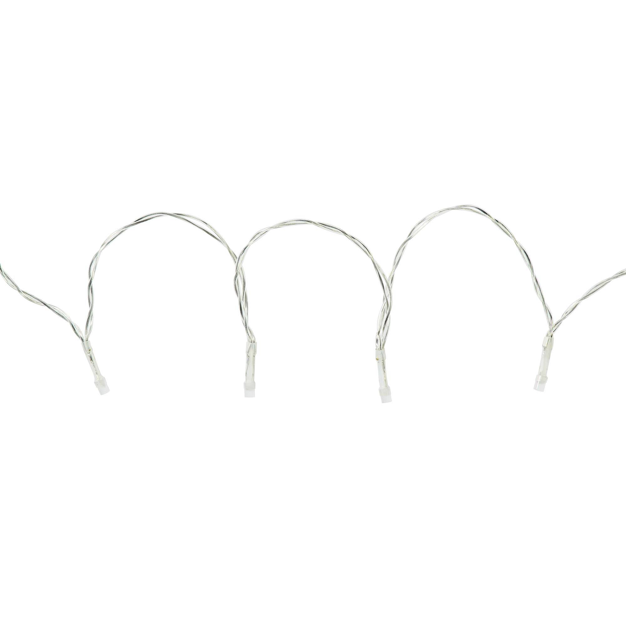 Weiße Lichterkette mit fünf gleichmäßig verteilten LED-Lampen, verbunden durch verdrehte Drähte, auf weißem Hintergrund.