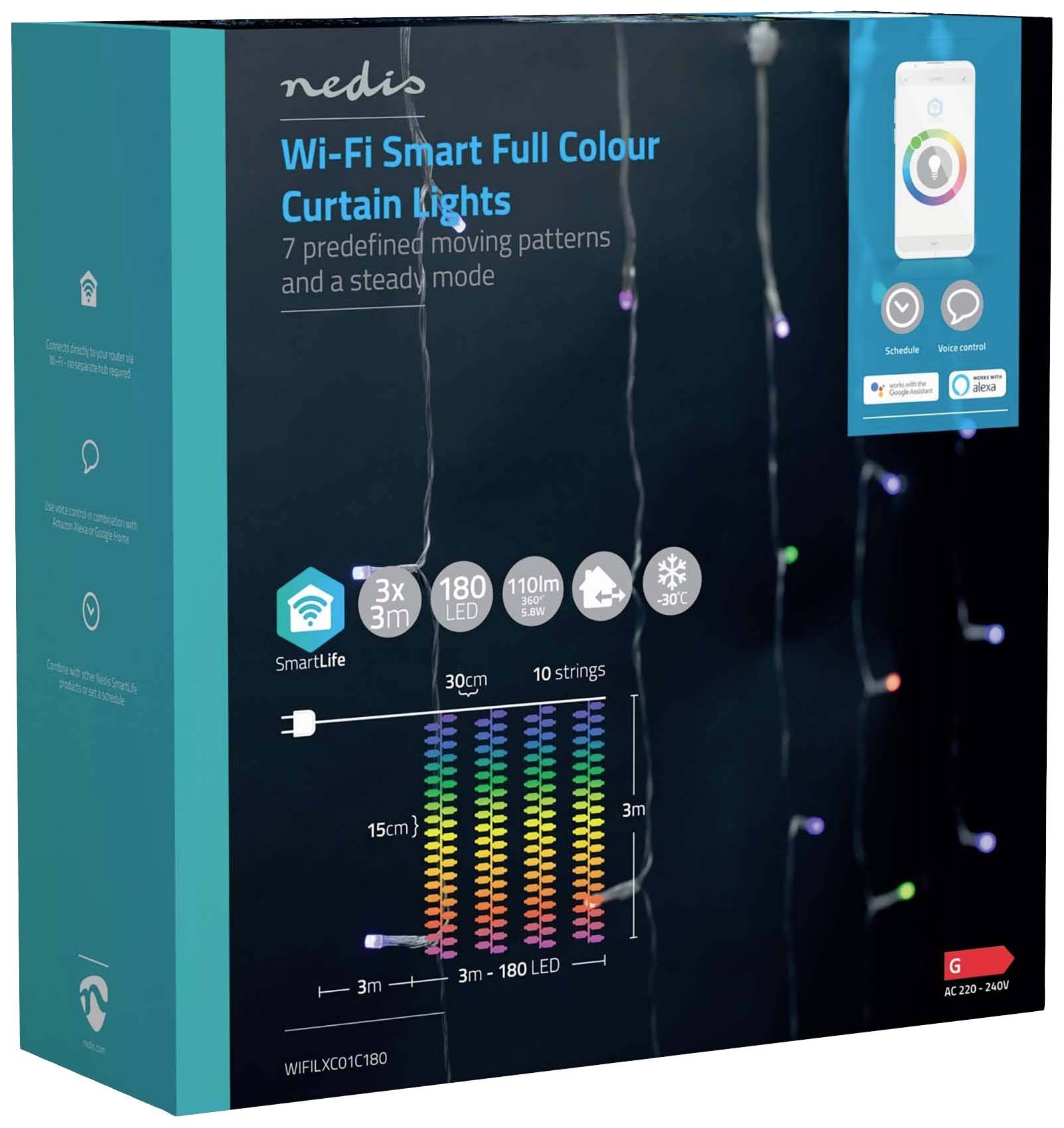 'Wi-Fi Smart Full Colour Curtain Lights' Verpackung. Enthält Details: 7 Muster, 3x3 m Größe, 180 LED, App-kompatibel.