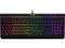 Schwarze Gaming-Tastatur mit Regenbogen-LED-Beleuchtung. Tasten sind in leuchtenden Farben erkennbar, Logo oben in der Mitte.