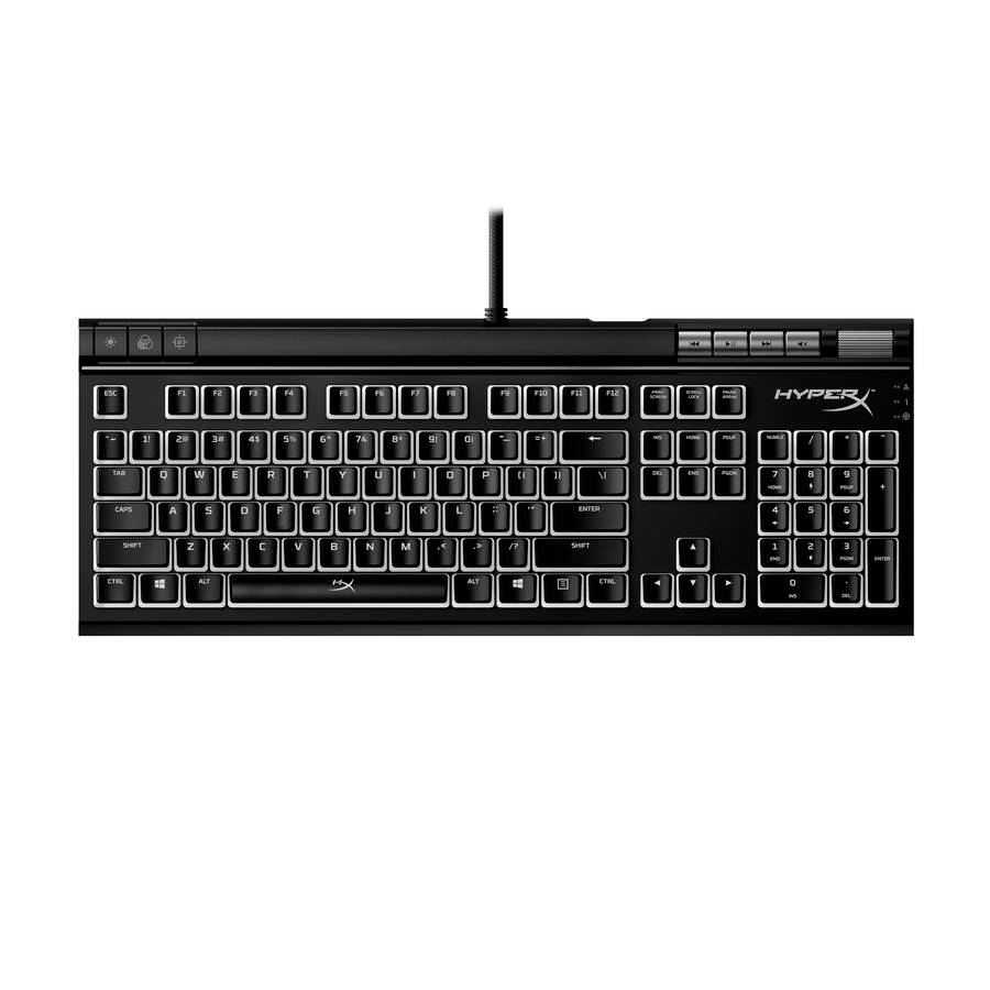 Schwarze mechanische Tastatur mit Hintergrundbeleuchtung, Markierung 'HyperX' rechts oben. USB-Kabelverbindung, Richtung oben.