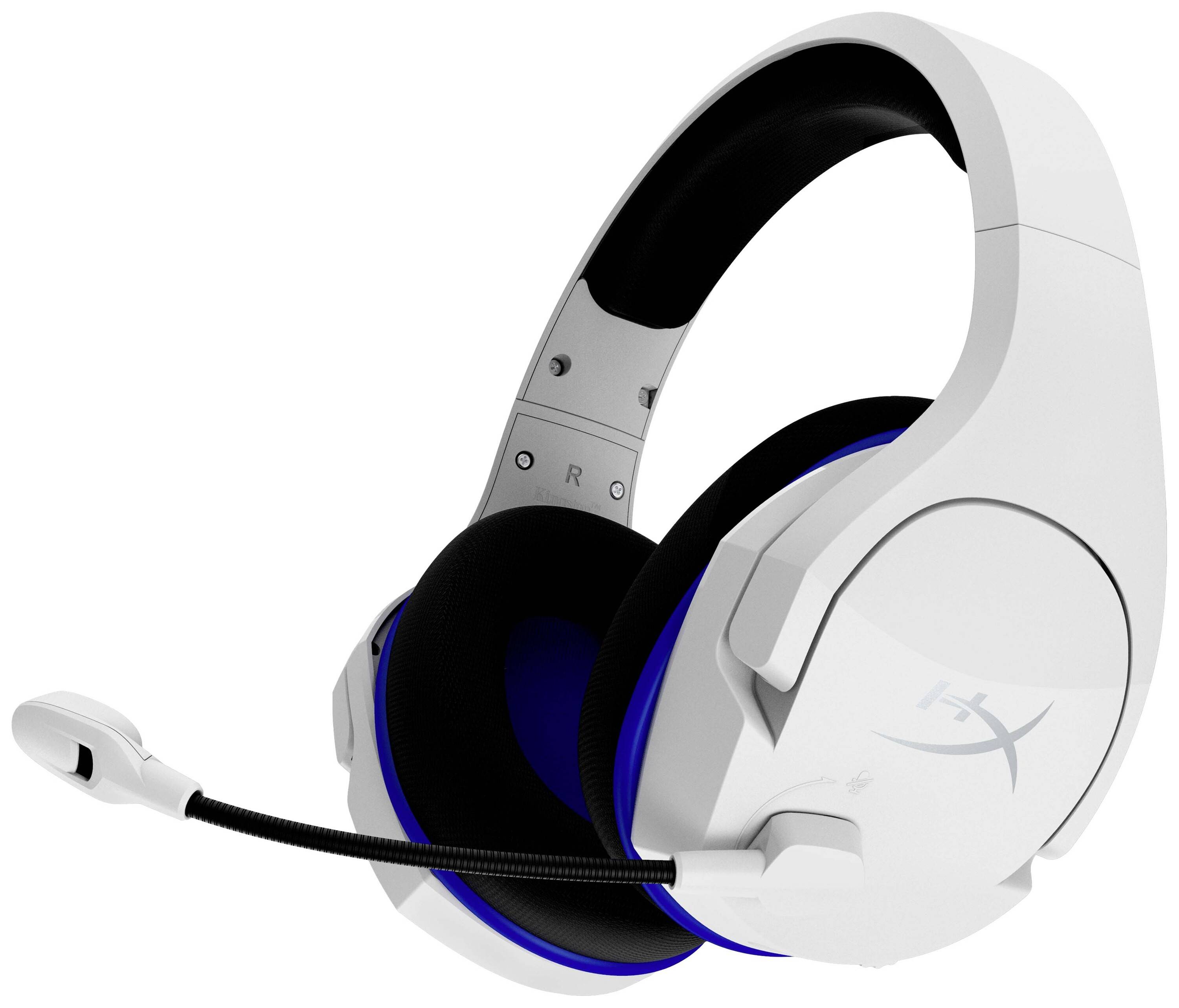 Weißes Gaming-Headset mit Mikrofon, schwarzem Innenpolster und blauen Akzenten. Geeignet für PC und Konsolenspieler.