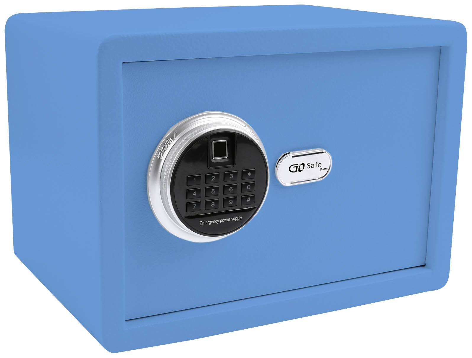 Ein blauer Tresor mit einem elektronischen Zahlenschloss auf der Vorderseite, das ein digitales Display und ein Schlüsselloch enthält.