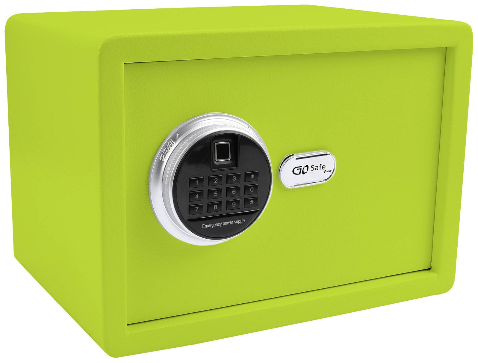 Ein grüner Safe mit digitalem Zahlenschloss und Fingerabdruckscanner. Enthält Notstromversorgungsoptionen.