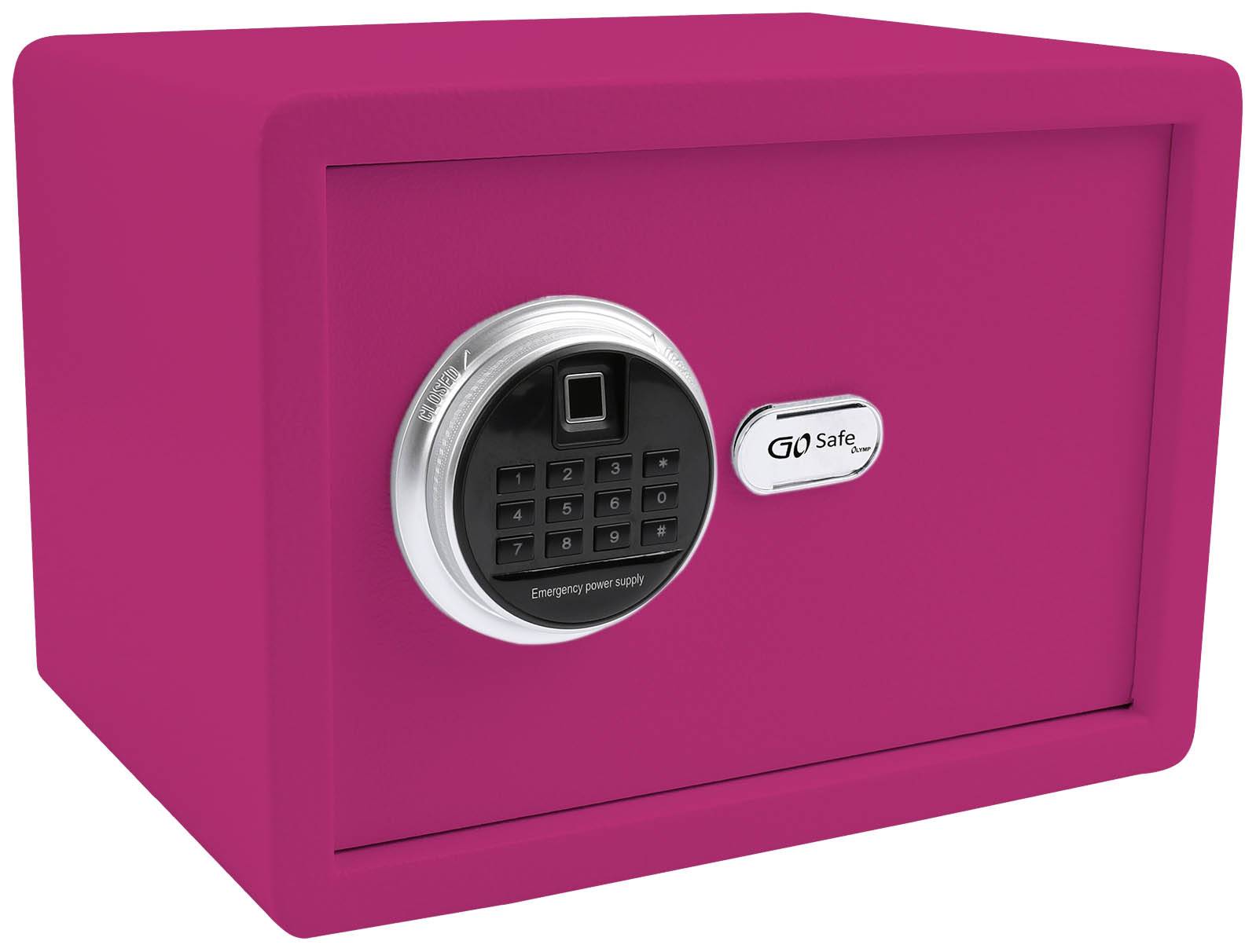 Rosa Tresor mit elektronischem Nummernschloss und Fingerabdruckscanner auf der Vorderseite. Tür mit 'Go Safe'-Logo.