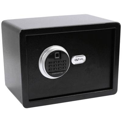 Schwarzer Tresor mit elektronischem Zahlenschloss und Notöffnungsschlüssel. Geeignet zur sicheren Aufbewahrung von Wertsachen.