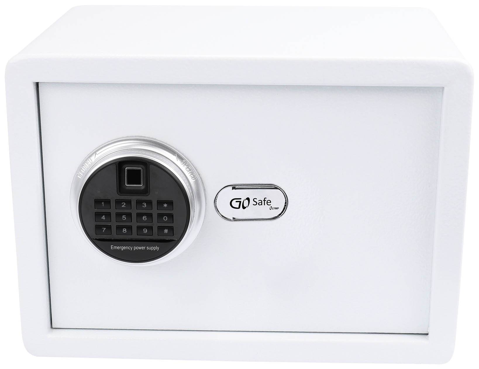 Ein weißer Tresor mit digitalem Zahlenschloss. Links befindet sich ein Tastenfeld mit Fingerabdruckscanner, rechts das Logo 'G0 Safe'.