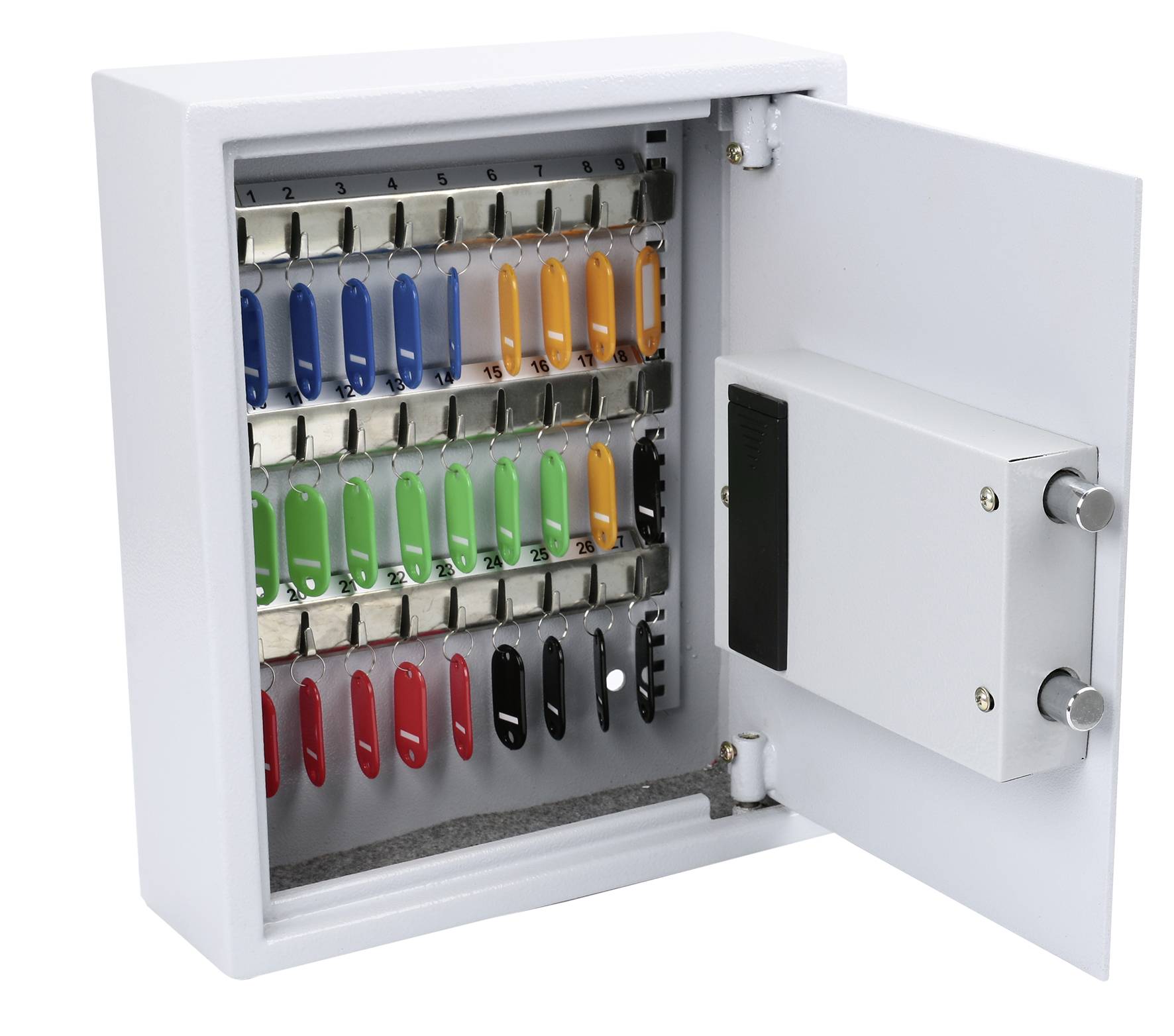 Ein geöffneter Schlüsselschrank mit vier Reihen farbiger Schlüsselanhänger: blau, orange, grün, rot und schwarz.