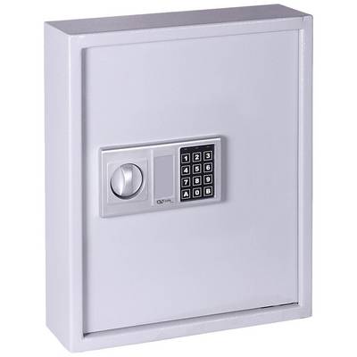 Ein grau-metallener Wandsafe mit elektronischem Zahlenschloss und Drehknopf an der Vorderseite.