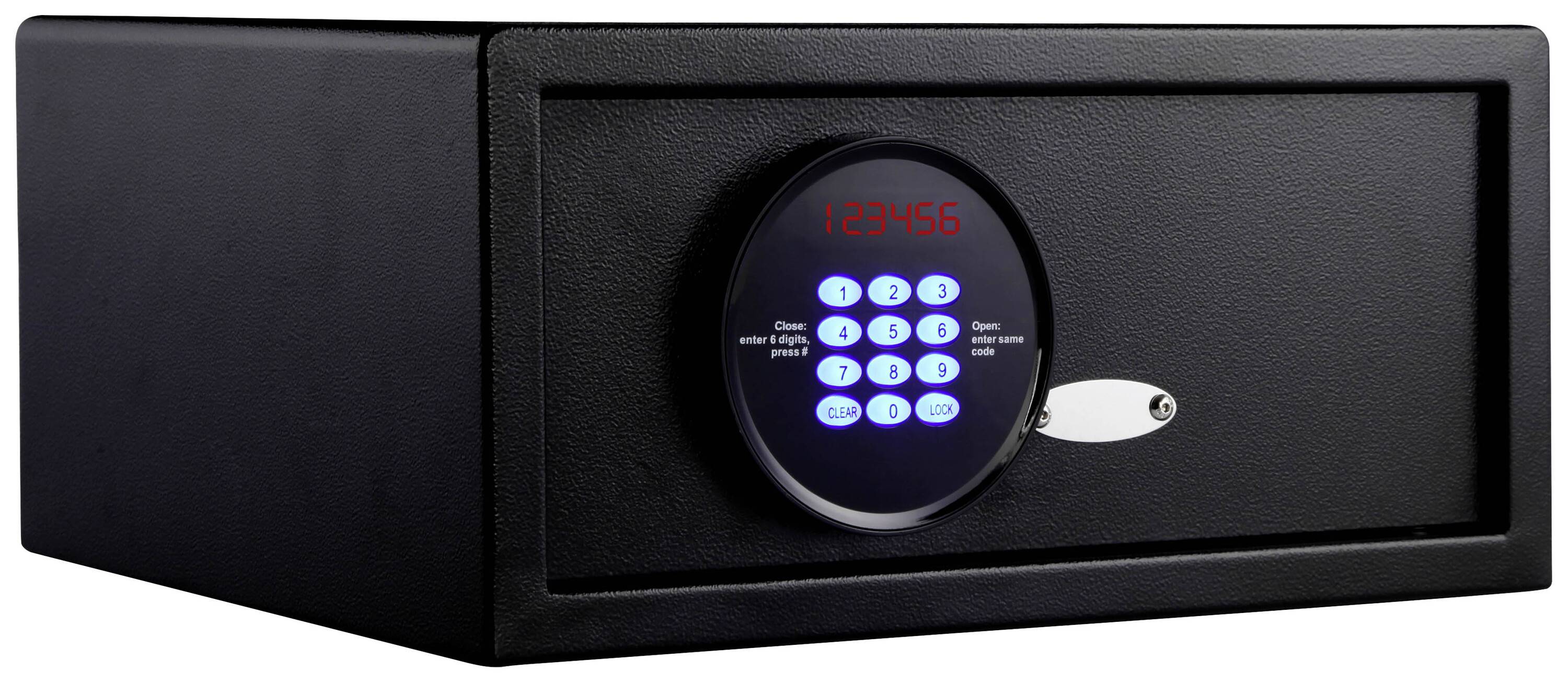 Ein schwarzer Safe mit digitalem Zahlenschloss zeigt die Zahlen '123456' auf einem beleuchteten Display an.