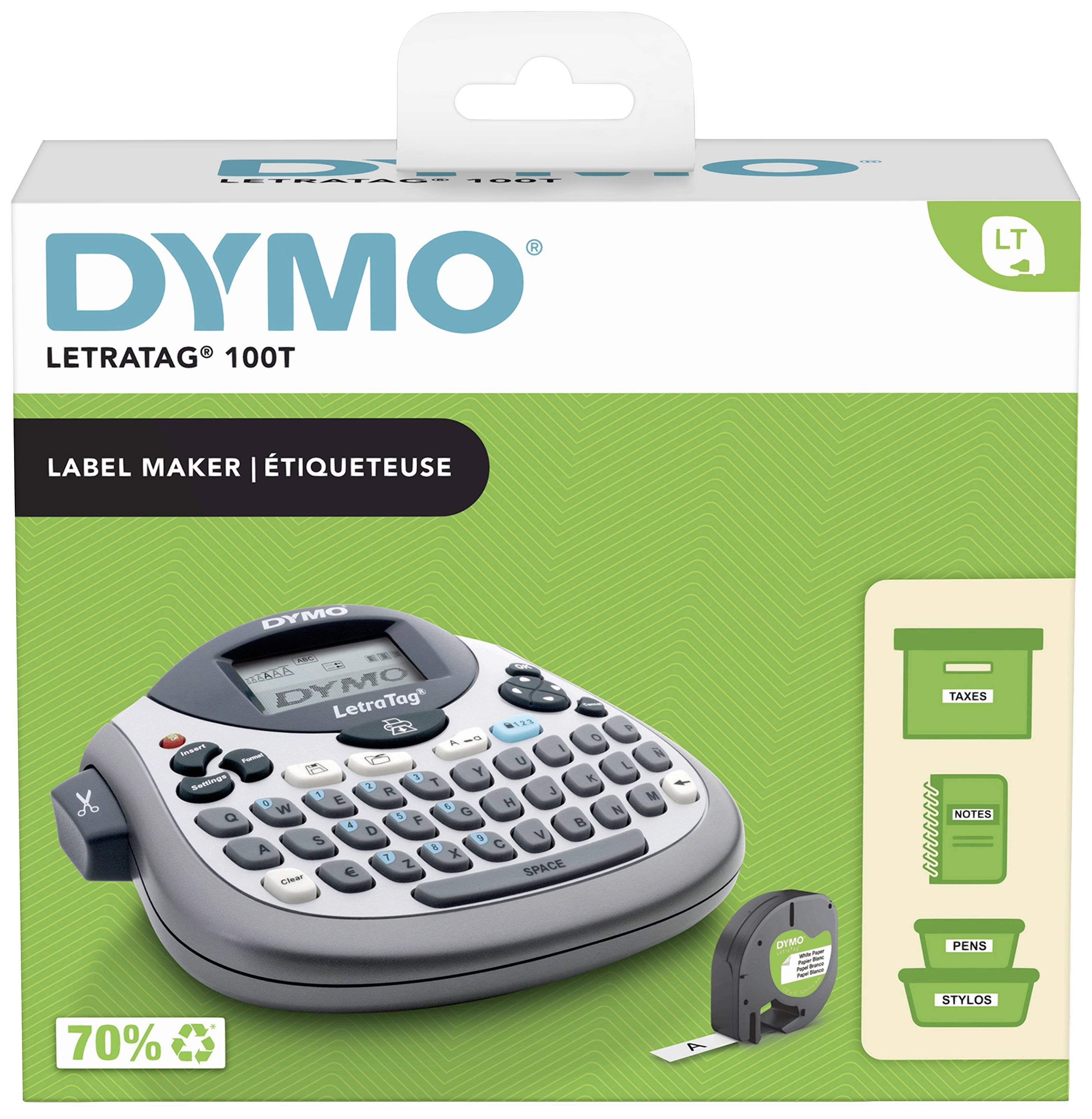 Verpackung eines DYMO LetraTag 100T Etikettiergeräts, zeigt das Gerät mit Tastatur und drei Anwendungsbeispiele: Etiketten auf Boxen, Stiften und Ordnern.