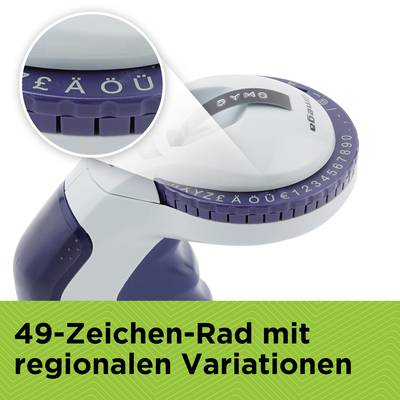 Ein Beschriftungsgerät mit einem 49-Zeichen-Rad, das regionale Buchstabenvarianten wie 'ä', 'ö', 'ü' enthält.