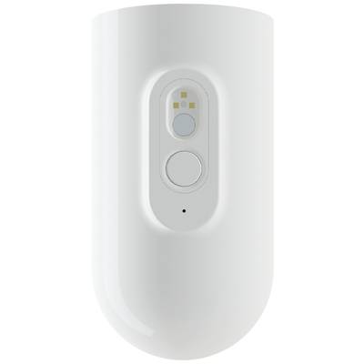 Bewegungsmelder in weißem Gehäuse, zeigt Sensorknopf und LED-Anzeige. Gerät zur Überwachung und Erkennung von Bewegungen.