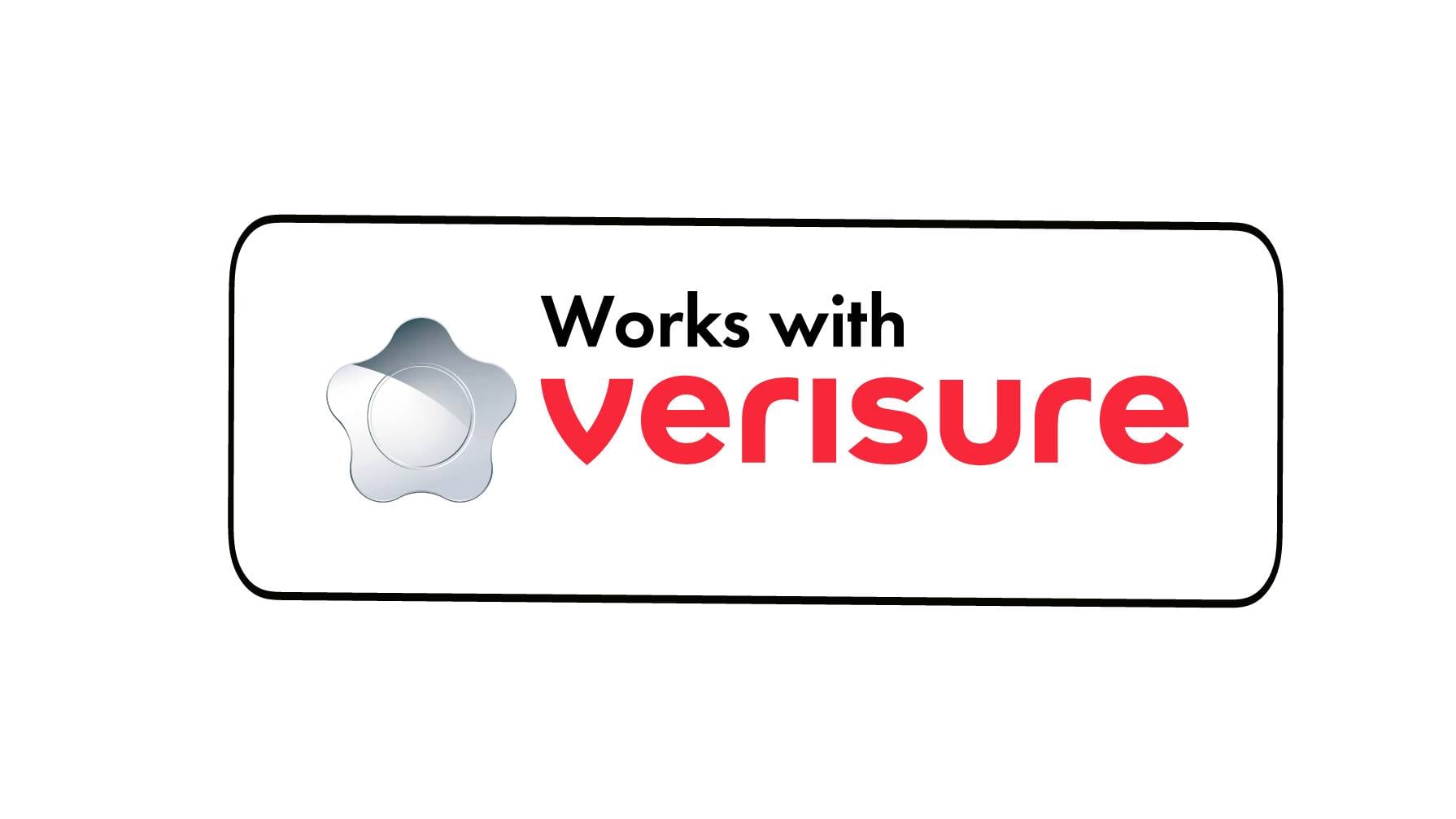 'Works with verisure'-Logo mit einem stilisierten Sicherheits-Symbol links und dem Verisure-Text in Rot.